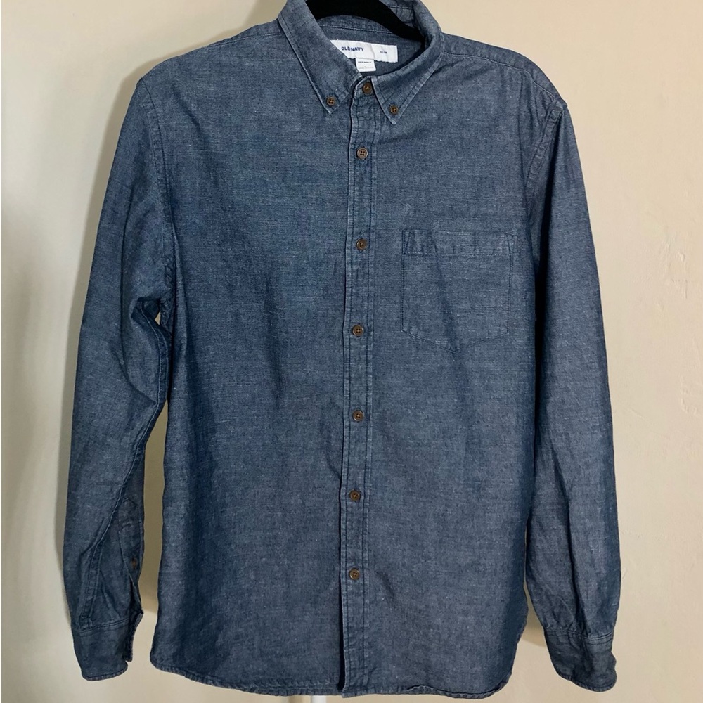 Old Navy Men's Blue Chambray Slim Fit Button-Down Shirt SZ L Linen Cotton